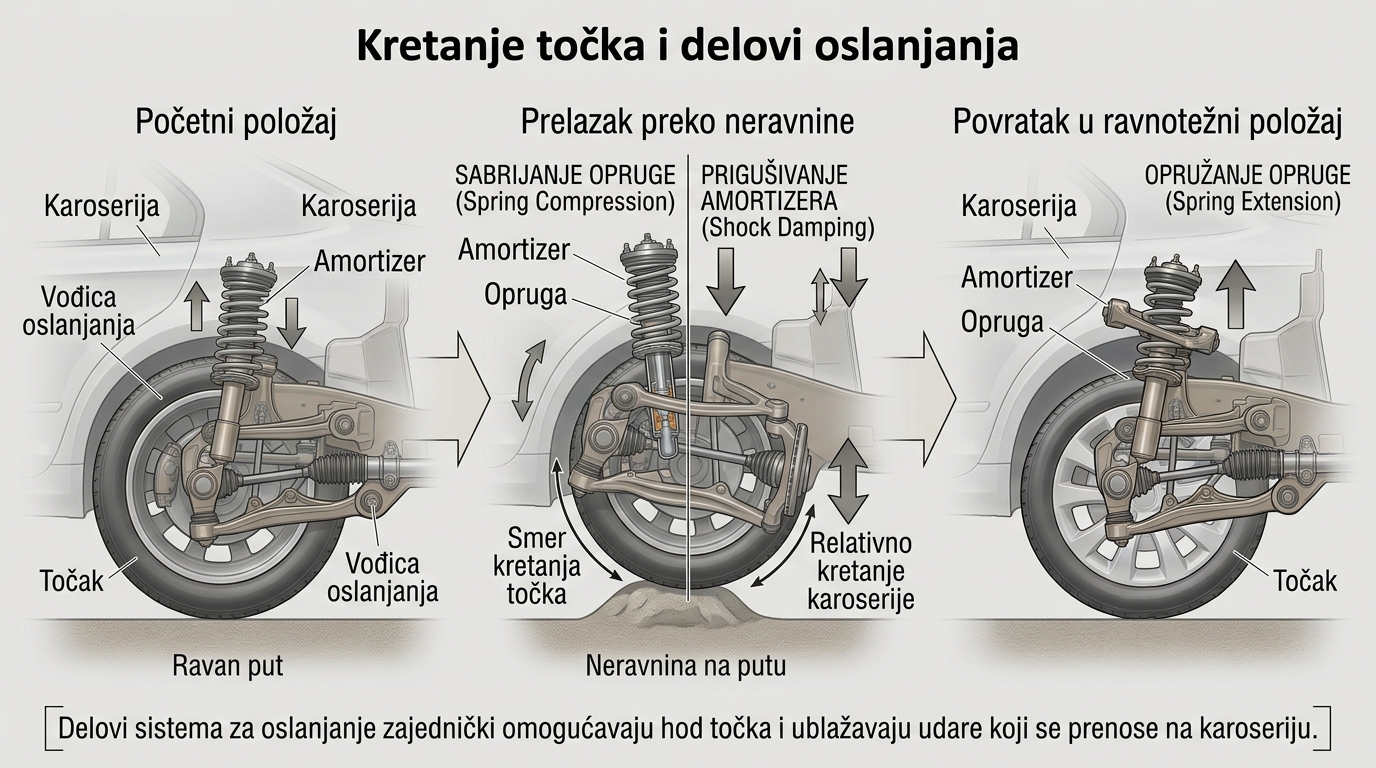 Šematski prikaz rada opruge, amortizera, vođica i stabilizatora pri nailasku točka na prepreku