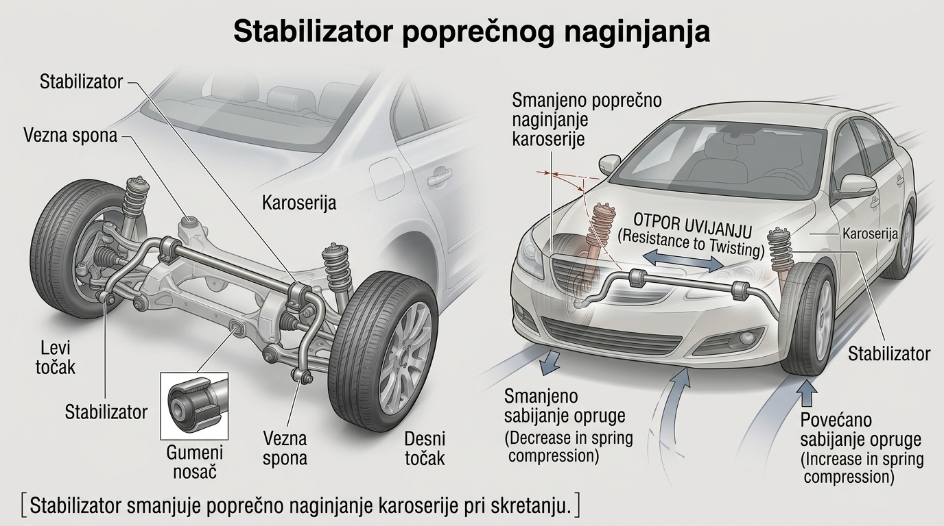 Stabilizator poprečnog naginjanja povezan sa levom i desnom stranom oslanjanja